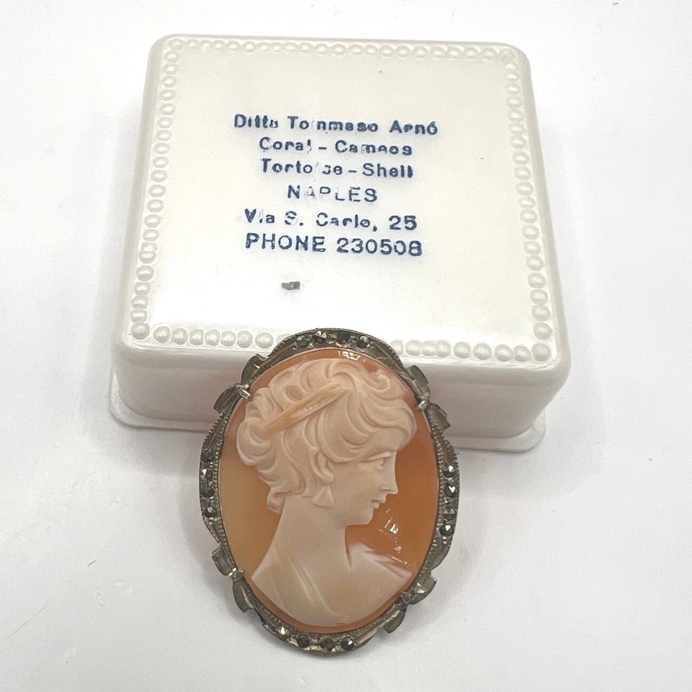 Vintage Cameo Brooch Tortoise Shell 800 Shell Diamond Cut Frame Pin Original Box